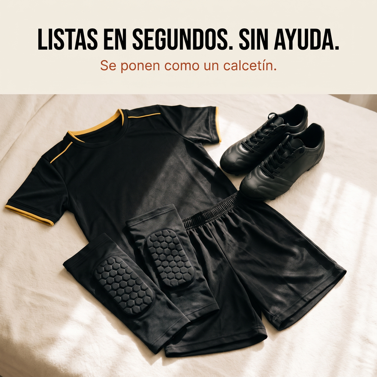 Equipación lista en la cama: espinilleras listas en segundos, sin ayuda