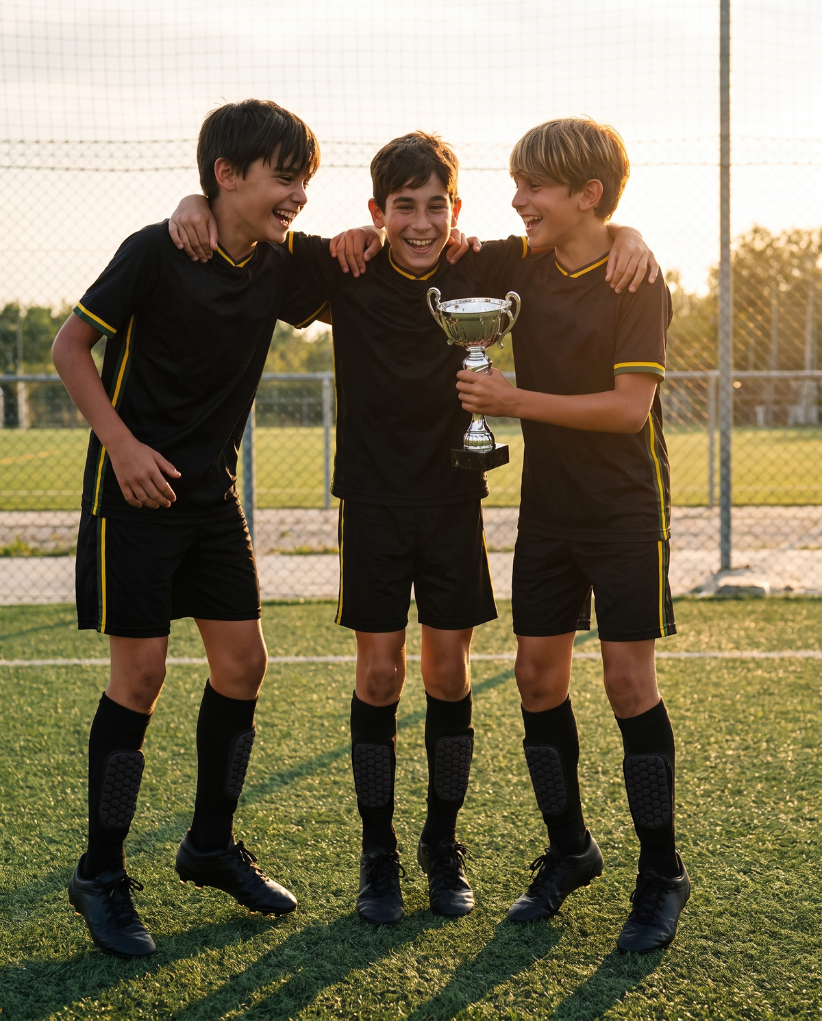 Equipo de niños celebrando con espinilleras integradas RondoFútbol